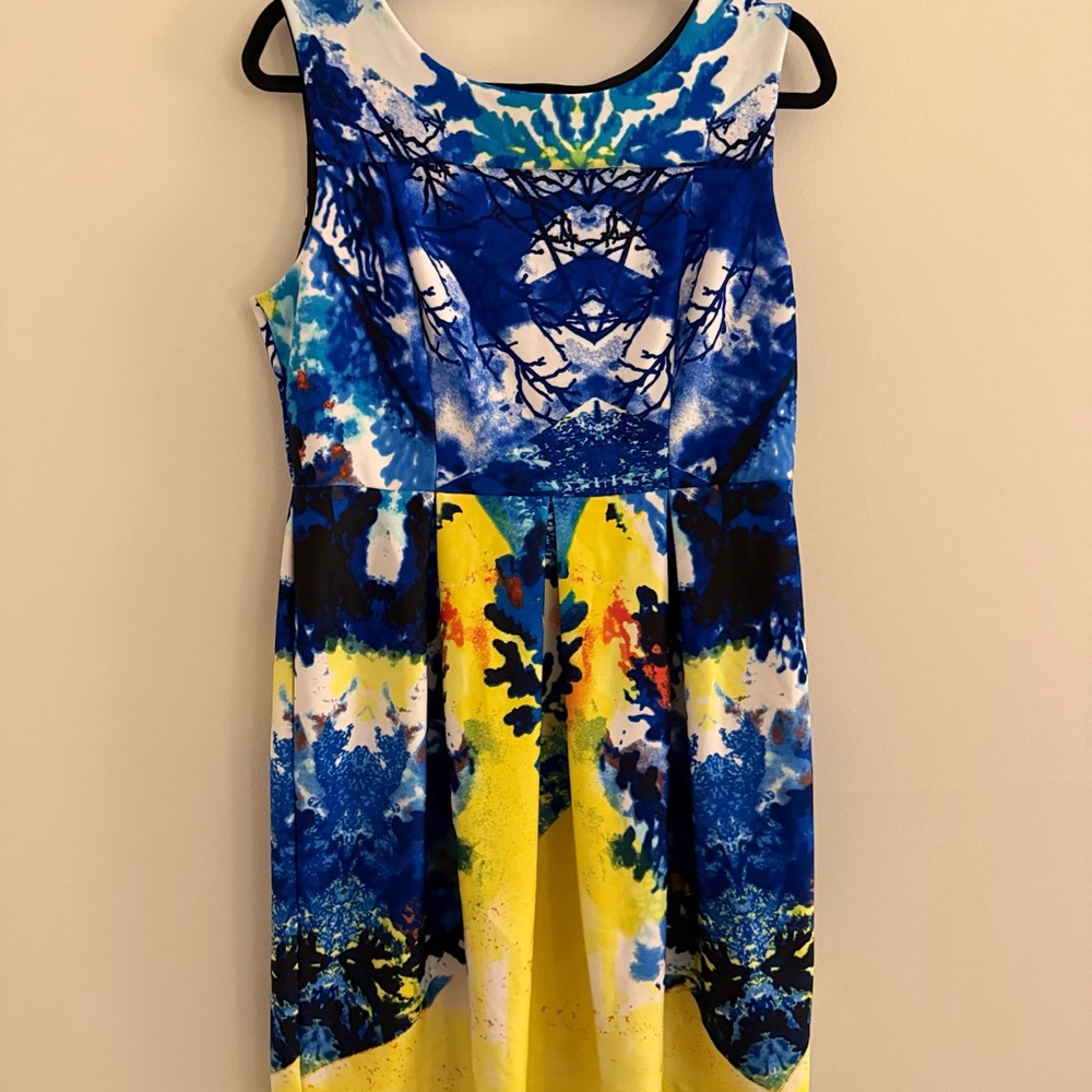 En Focus Studio Blue Yellow Abstract Print Sleeveless Dress Size 12
